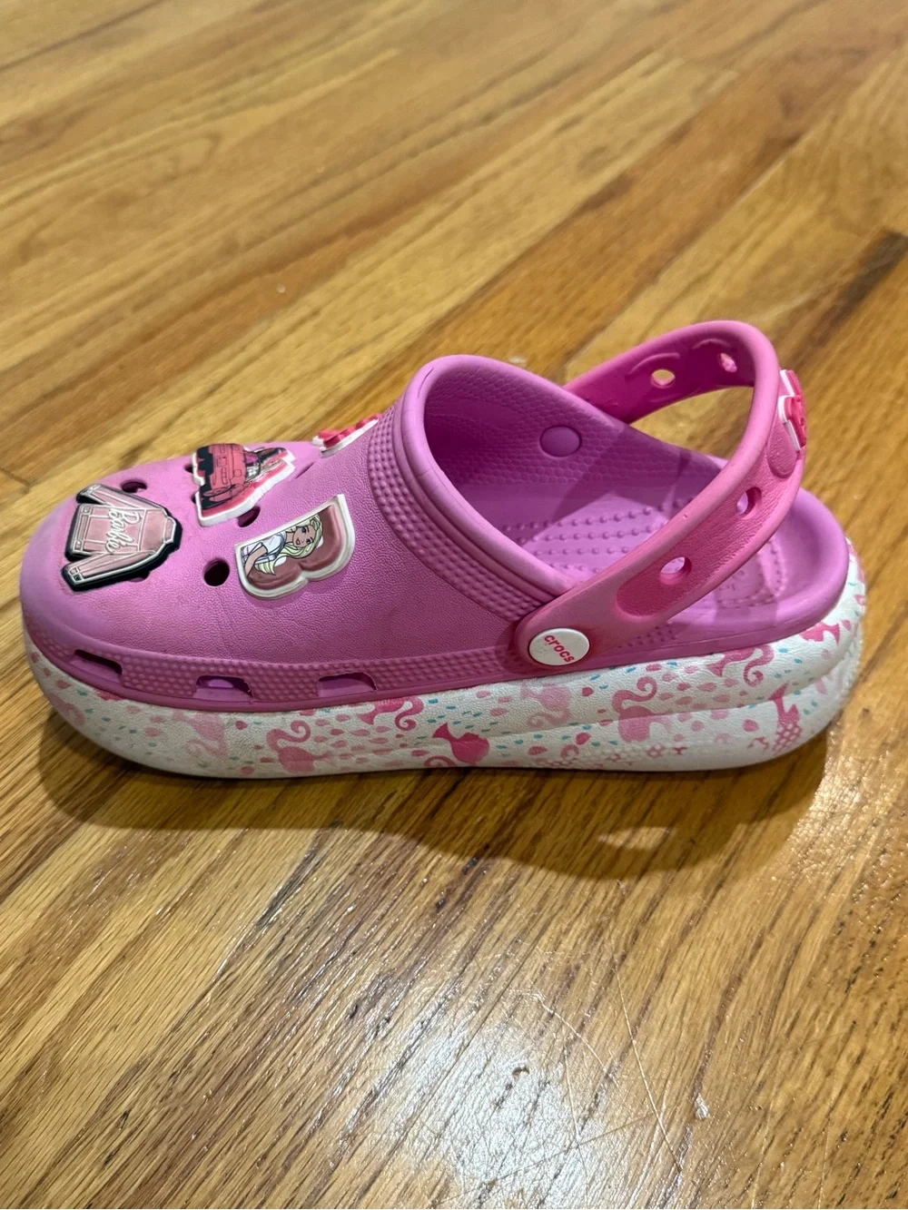 Kids Pink Clog Shoes with Decorative Charms Barbie Crocs J1